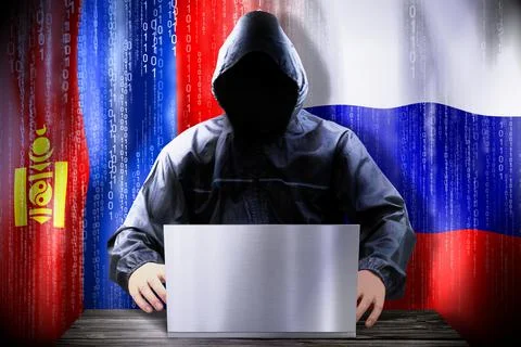 Anonymous hacker working on a laptop, flags of Mongolia and Russia Stock-Illustration