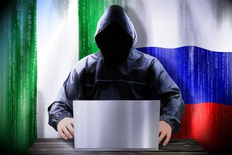 Anonymous hacker working on a laptop, flags of Nigeria and Russia Stock-Illustration