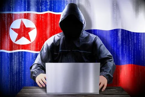 Anonymous hacker working on a laptop, flags of North Korea and Russia Stock Illustration