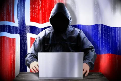 Anonymous hacker working on a laptop, flags of Norway and Russia Stock-Illustration