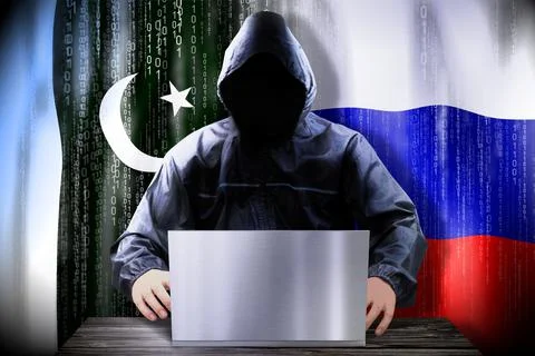 Anonymous hacker working on a laptop, flags of Pakistan and Russia Stock-Illustration
