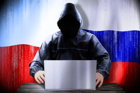 Anonymous hacker working on a laptop, flags of Poland and Russia Stock Illustration
