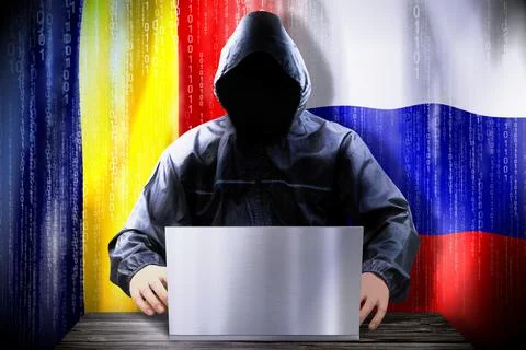 Anonymous hacker working on a laptop, flags of Romania and Russia Stock-Illustration