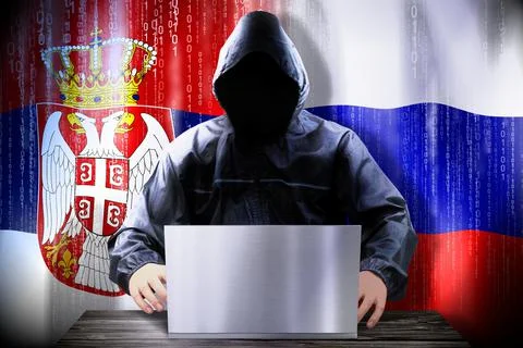 Anonymous hacker working on a laptop, flags of Serbia and Russia Stock-Illustration