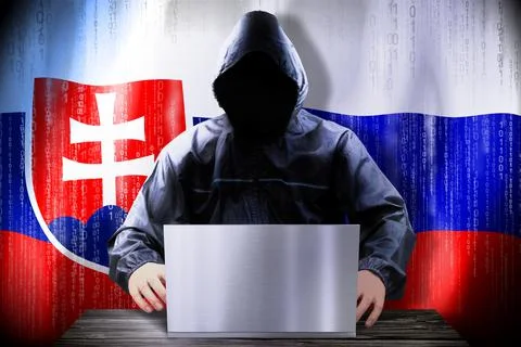 Anonymous hacker working on a laptop, flags of Slovakia and Russia Stock-Illustration