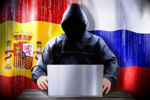 Anonymous hacker working on a laptop, flags of Spain and Russia Stock-Illustration