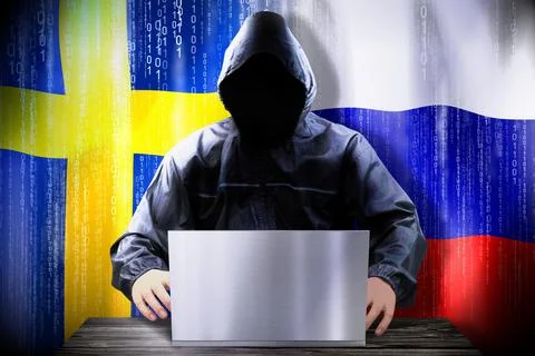 Anonymous hacker working on a laptop, flags of Sweden and Russia Illustrazione stock