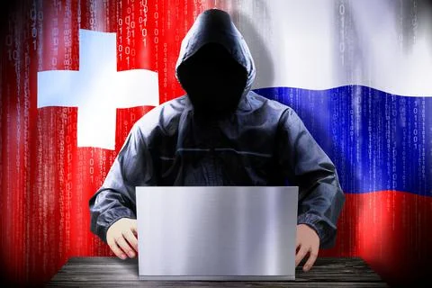 Anonymous hacker working on a laptop, flags of Switzerland and Russia Stock-Illustration