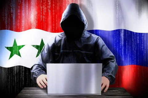 Anonymous hacker working on a laptop, flags of Syria and Russia Stock-Illustration
