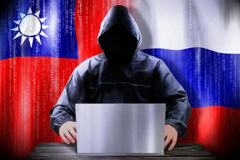 Anonymous hacker working on a laptop, flags of Taiwan and Russia 库存插图