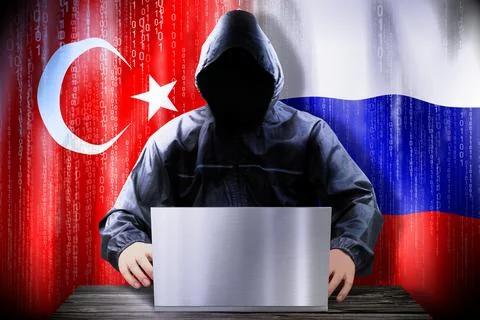 Anonymous hacker working on a laptop, flags of Turkey and Russia Stock-Illustration