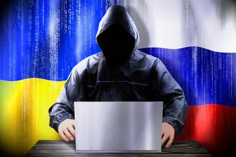Anonymous hacker working on a laptop, flags of Ukraine and Russia Stock-Illustration