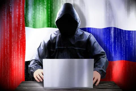 Anonymous hacker working on a laptop, flags of United Arab Emirates and Russi Stock-Illustration
