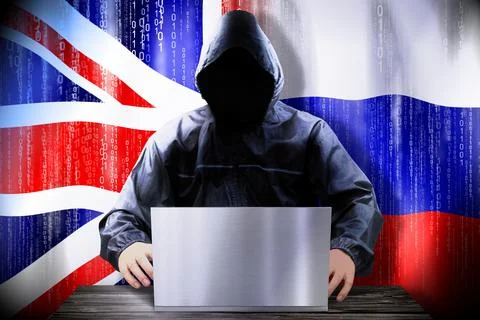 Anonymous hacker working on a laptop, flags of United Kingdom and Russia Stock Illustration