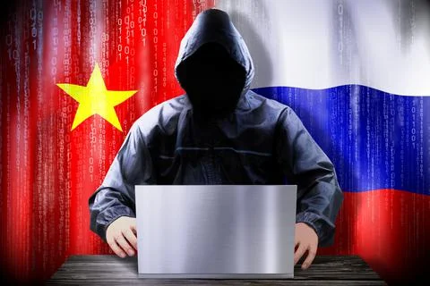 Anonymous hacker working on a laptop, flags of Vietnam and Russia Stock-Illustration