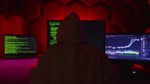 Anonymous hacker writing code in a dark red room. Stock Footage 232099688