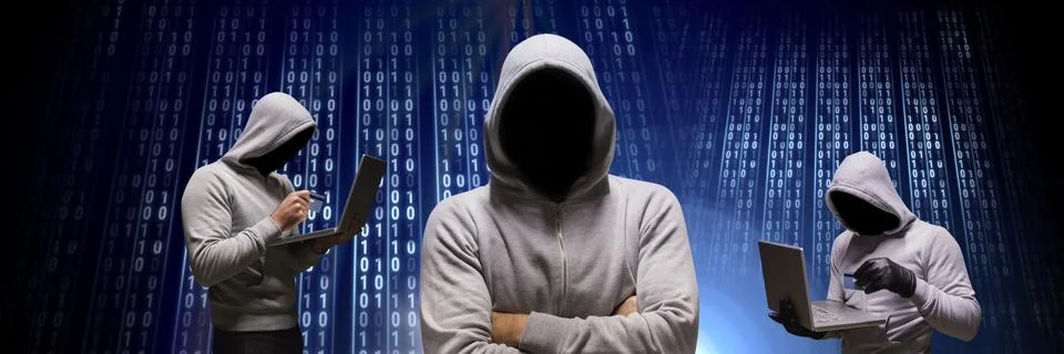 Anonymous hackers with computer code binary interface 스톡 사진