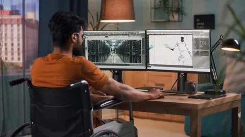 Anonymous handicapped man working with 3D model 스톡 사진