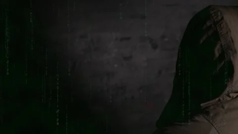 Anonymous hooded hacker with back to camera during police interrogation in .. Stock Footage 324955882