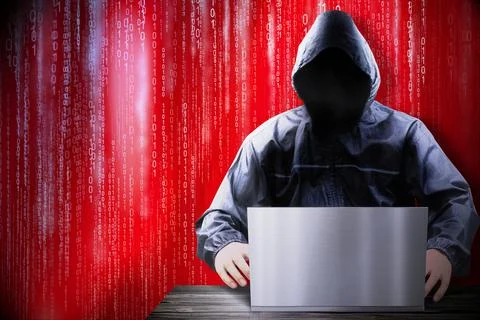 Anonymous hooded hacker, binary code - cyber attack concept 스톡 일러스트