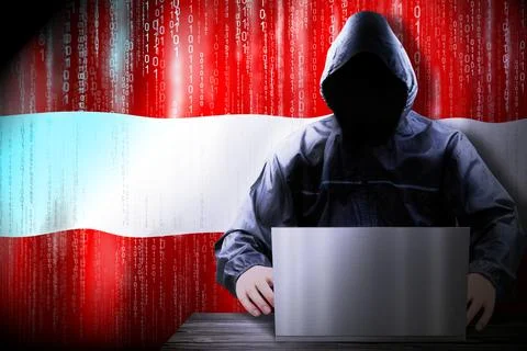Anonymous hooded hacker, flag of Austria, binary code - cyber attack concept 스톡 일러스트