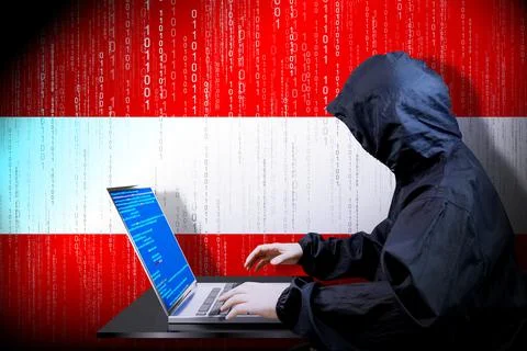 Anonymous hooded hacker, flag of Austria, binary code - cyber attack concept Stock Illustration