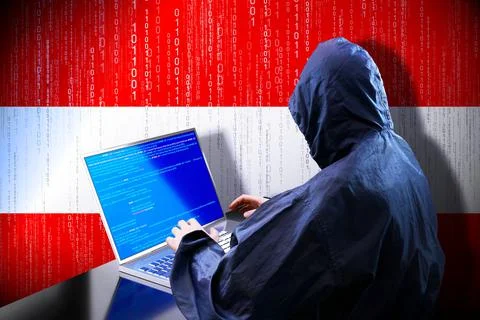 Anonymous hooded hacker, flag of Austria, binary code - cyber attack concept イラスト素材