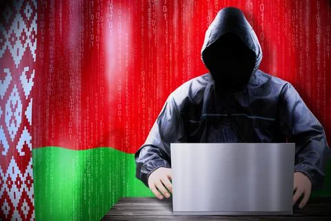 Anonymous hooded hacker, flag of Belarus, binary code - cyber attack concept Illustrazione stock