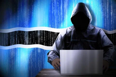 Anonymous hooded hacker, flag of Botswana, binary code - cyber attack concept Stock Illustration