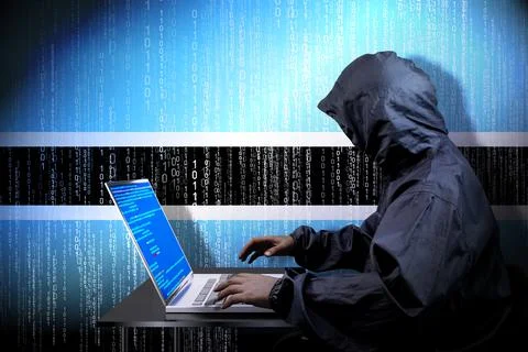 Anonymous hooded hacker, flag of Botswana, binary code - cyber attack concept 스톡 일러스트