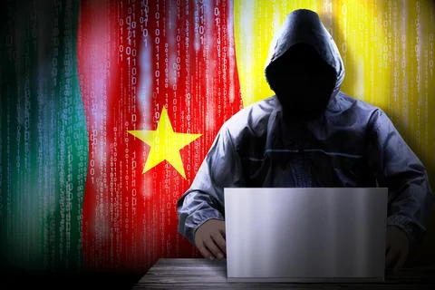 Anonymous hooded hacker, flag of Cameroon, binary code - cyber attack concept イラスト素材