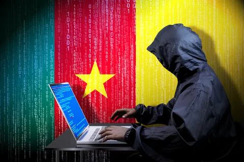 Anonymous hooded hacker, flag of Cameroon, binary code - cyber attack concept イラスト素材