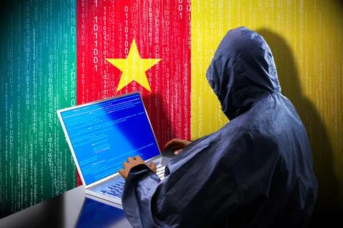 Anonymous hooded hacker, flag of Cameroon, binary code - cyber attack concept イラスト素材