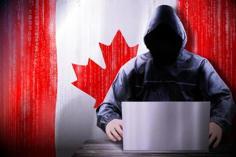Anonymous hooded hacker, flag of Canada, binary code - cyber attack concept Stock Illustration