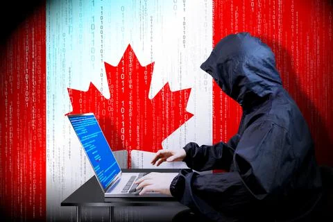 Anonymous hooded hacker, flag of Canada, binary code - cyber attack concept 스톡 일러스트