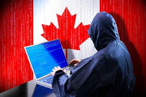 Anonymous hooded hacker, flag of Canada, binary code - cyber attack concept Stock Illustration