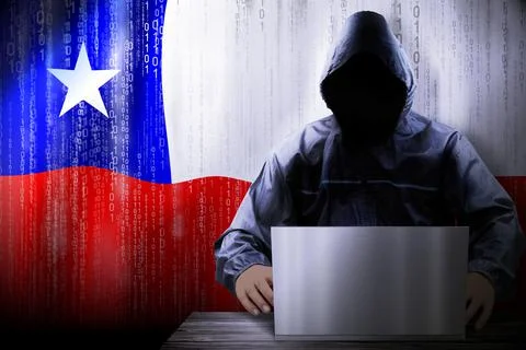 Anonymous hooded hacker, flag of Chile, binary code - cyber attack concept Stock Illustration