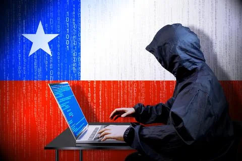 Anonymous hooded hacker, flag of Chile, binary code - cyber attack concept イラスト素材