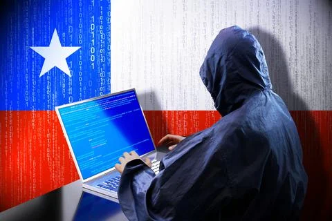 Anonymous hooded hacker, flag of Chile, binary code - cyber attack concept 스톡 일러스트
