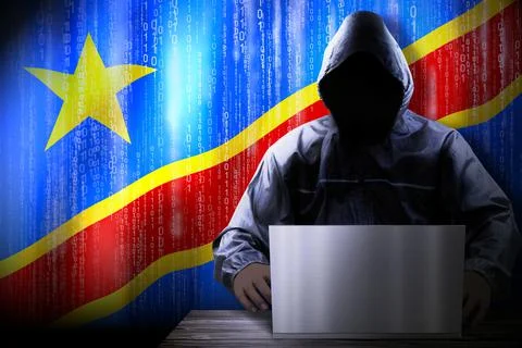Anonymous hooded hacker, flag of Congo - Democratic Republic, binary code - c Illustrazione stock
