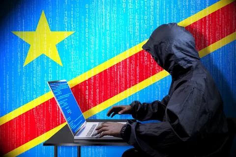 Anonymous hooded hacker, flag of Congo - Democratic Republic, binary code Stock Illustration