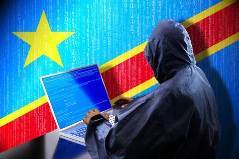 Anonymous hooded hacker, flag of Congo - Democratic Republic, binary code Stockillustratie