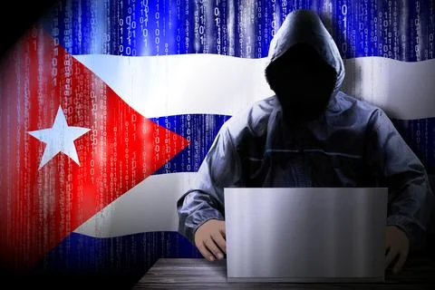 Anonymous hooded hacker, flag of Cuba, binary code - cyber attack concept Illustrazione stock