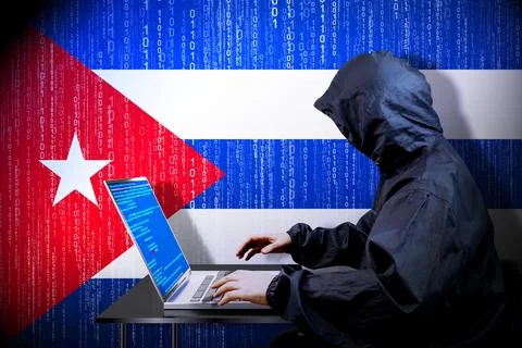 Anonymous hooded hacker, flag of Cuba, binary code - cyber attack concept Stockillustratie