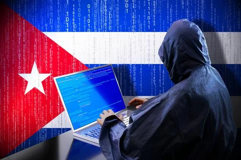 Anonymous hooded hacker, flag of Cuba, binary code - cyber attack concept Illustrazione stock