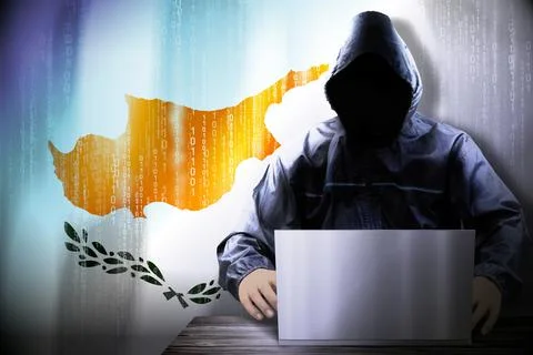 Anonymous hooded hacker, flag of Cyprus, binary code - cyber attack concept Stock Illustration
