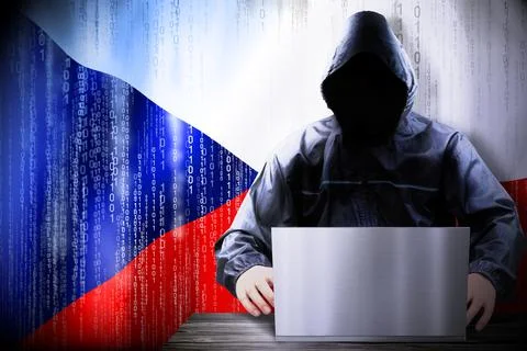 Anonymous hooded hacker, flag of Czech Republic, binary code - cyber attack c Stock-Illustration