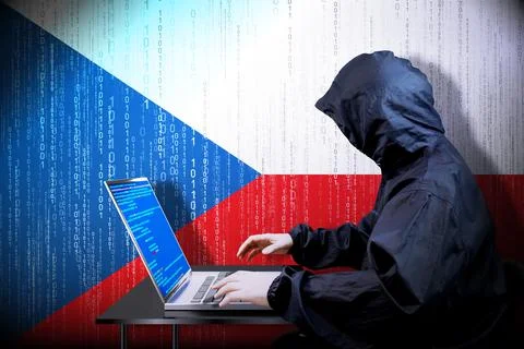 Anonymous hooded hacker, flag of Czech Republic, binary code Stock Illustration
