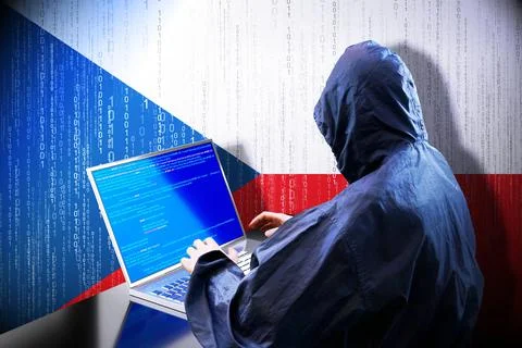 Anonymous hooded hacker, flag of Czech Republic, binary code Stock Illustration