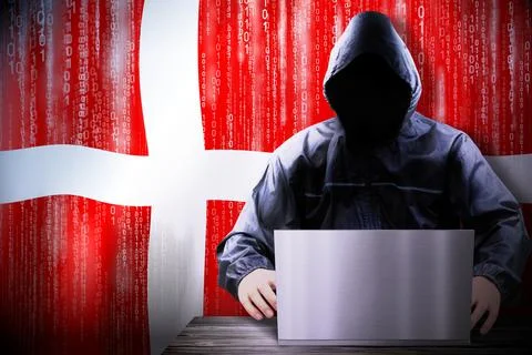Anonymous hooded hacker, flag of Denmark, binary code - cyber attack concept 스톡 일러스트